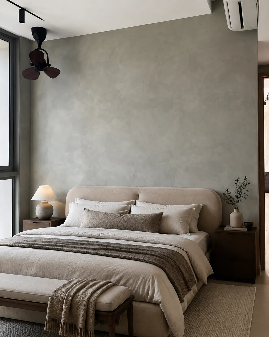 Sage grey limewash bedroom headboard wall in a Sengkang HDB flat, hand-applied Raffles Paint limewash by Pico X Health Painting Singapore