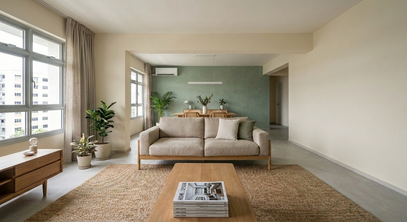 Raffles limewash feature wall in a Singapore HDB living room — Pico X Health Wellness Painting package