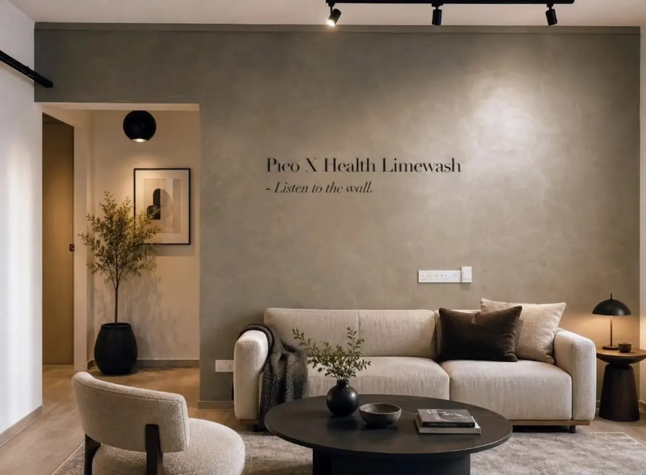 Greige limewash living room wall in a Bishan HDB flat, hand-applied Raffles Paint limewash by Pico X Health Painting Singapore