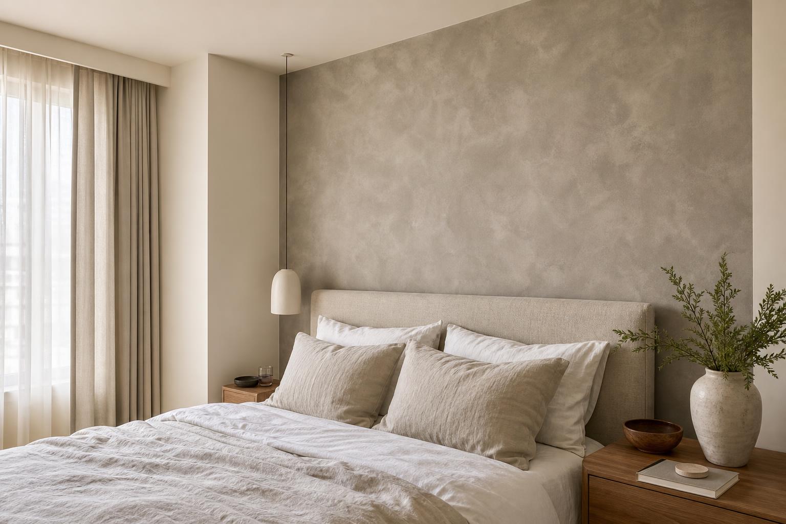 Cool greige limewash feature wall behind bed headboard with flat white painted walls — Pico X Health