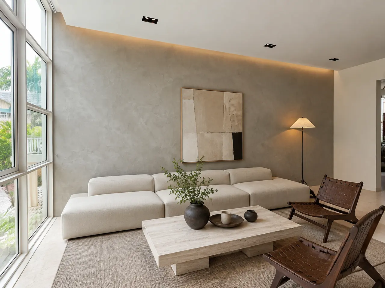 Soft grey limewash living room wall in a Tengah BTO flat, hand-applied Suzuka Verosa limewash by Pico X Health Painting Singapore