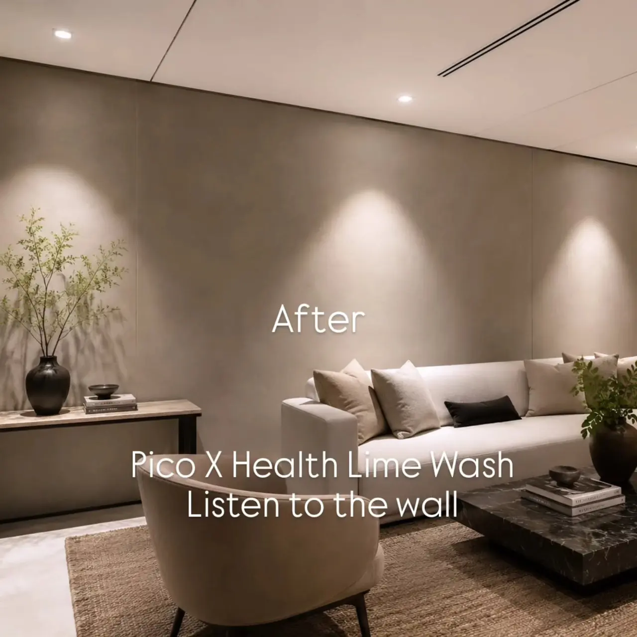 Taupe limewash feature wall with wash lighting in a Woodlands HDB living room, hand-applied Suzuka Verosa limewash by Pico X Health Painting Singapore
