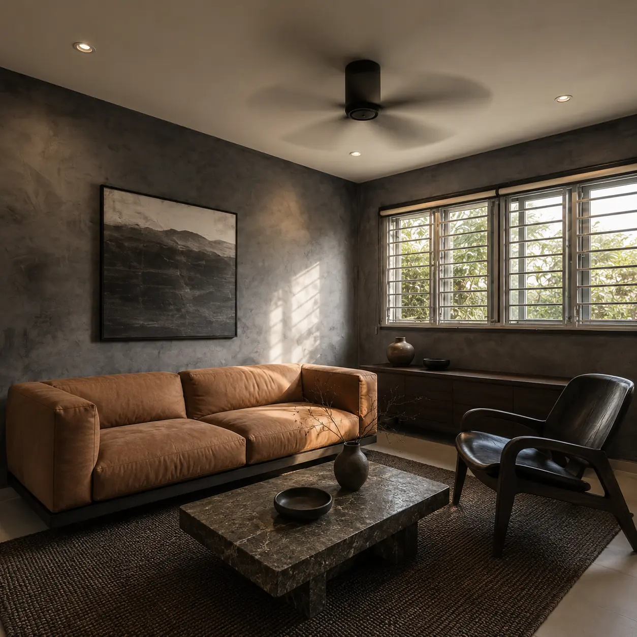 Dark charcoal limewash living room feature wall in a Punggol HDB flat, hand-applied Suzuka Verosa limewash by Pico X Health Painting Singapore