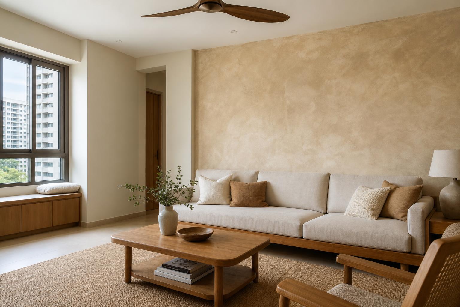 Warm sienna limewash feature wall behind sofa with flat white painted adjacent walls — Pico X Health