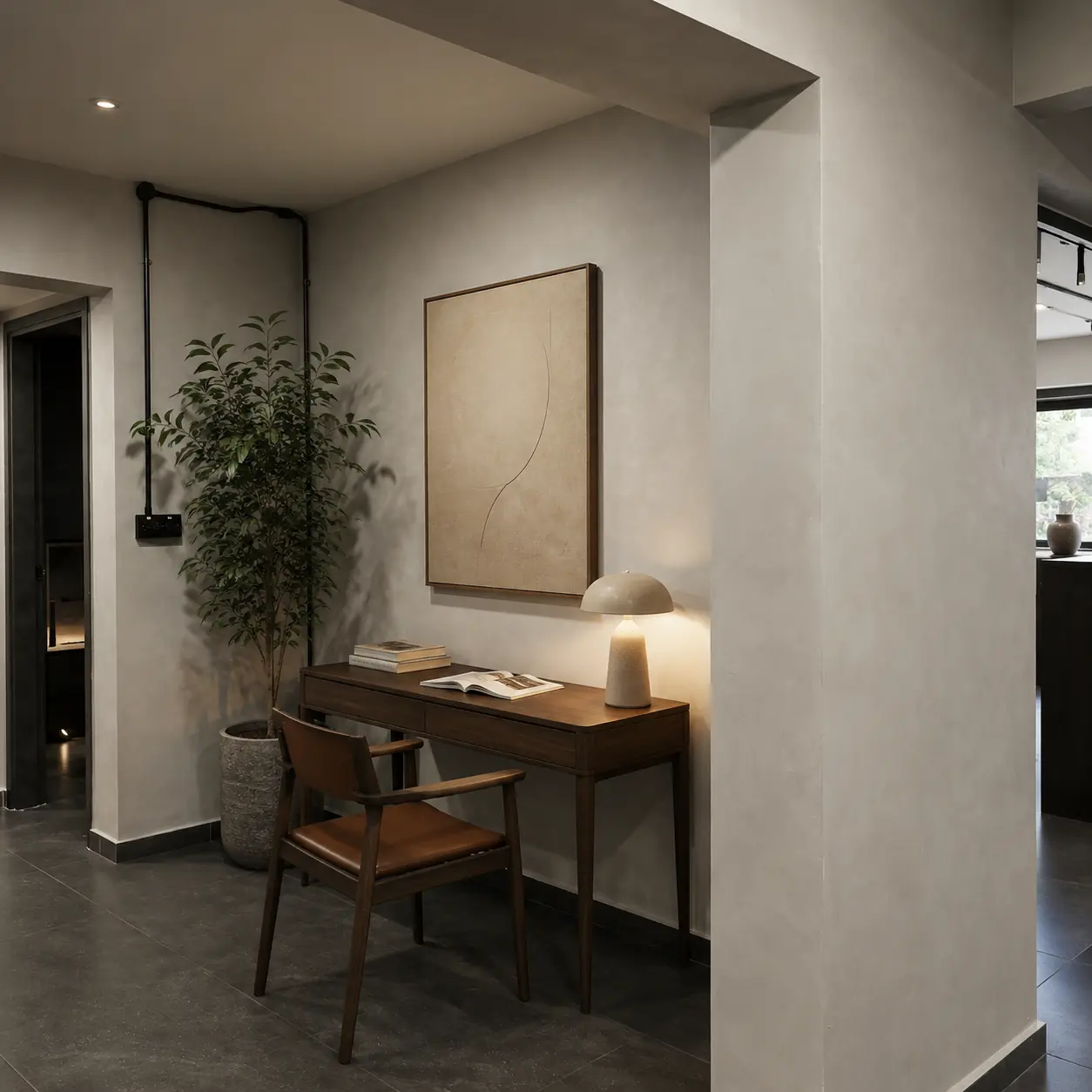 Grey limewash hallway and entry wall in a Clementi HDB flat, hand-applied Raffles Paint limewash by Pico X Health Painting Singapore