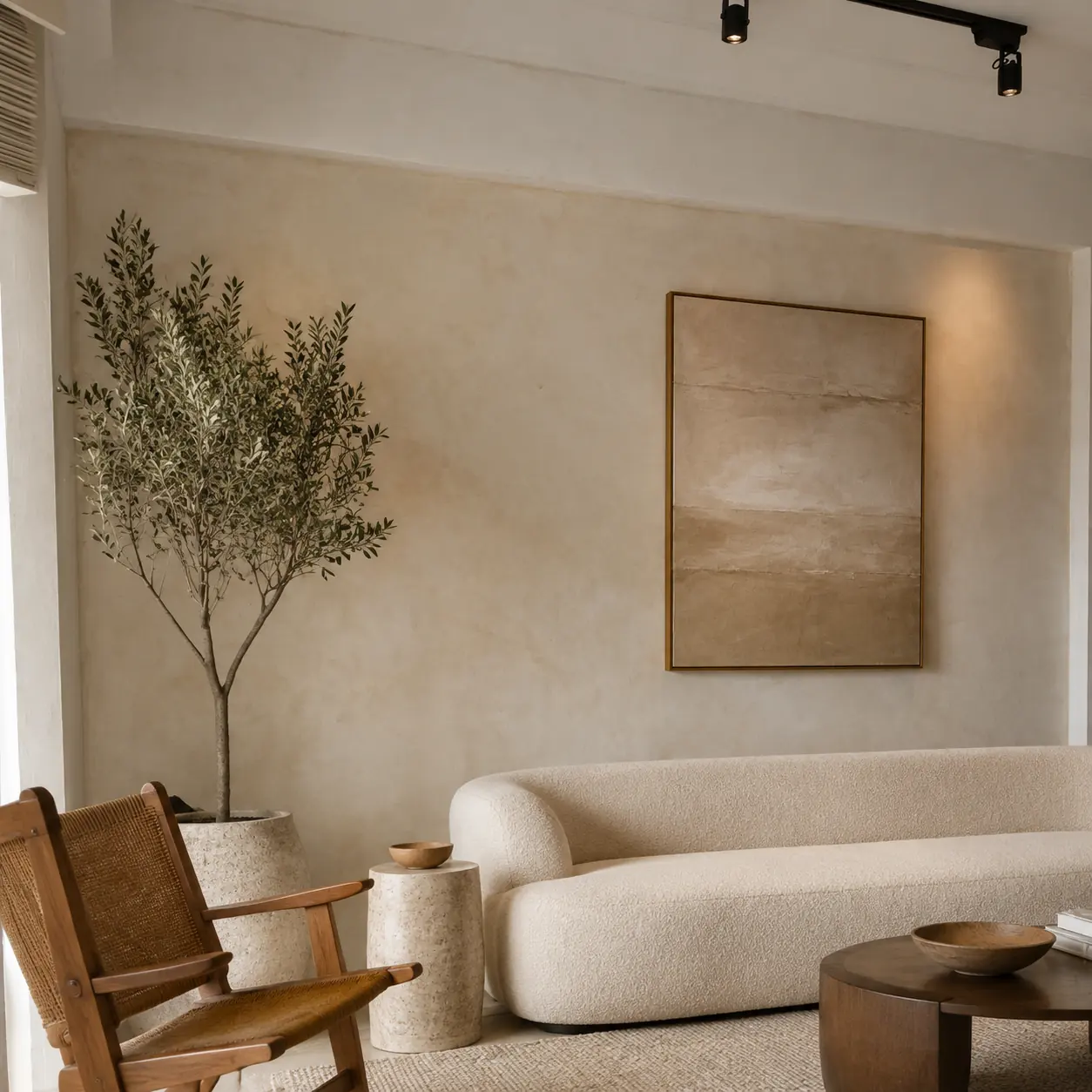 Warm beige limewash living room feature wall in a Jurong West HDB flat, hand-applied Raffles Paint limewash by Pico X Health Painting Singapore