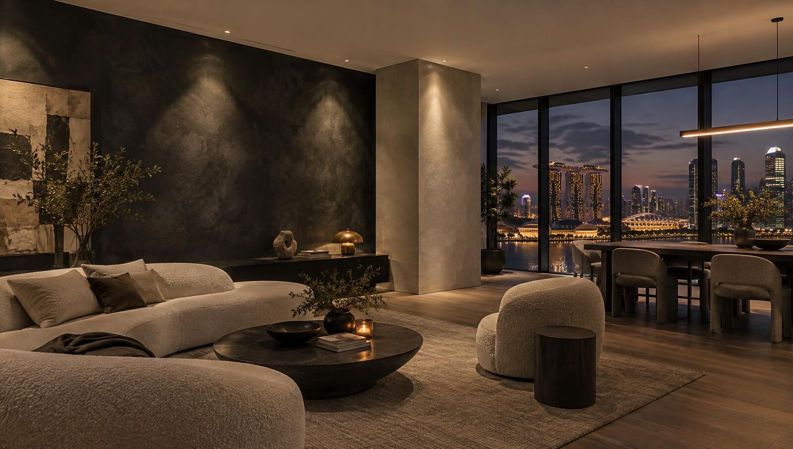 Luxury Singapore condo living room at dusk — ink limewash feature wall beside a microcement column, city skyline beyond