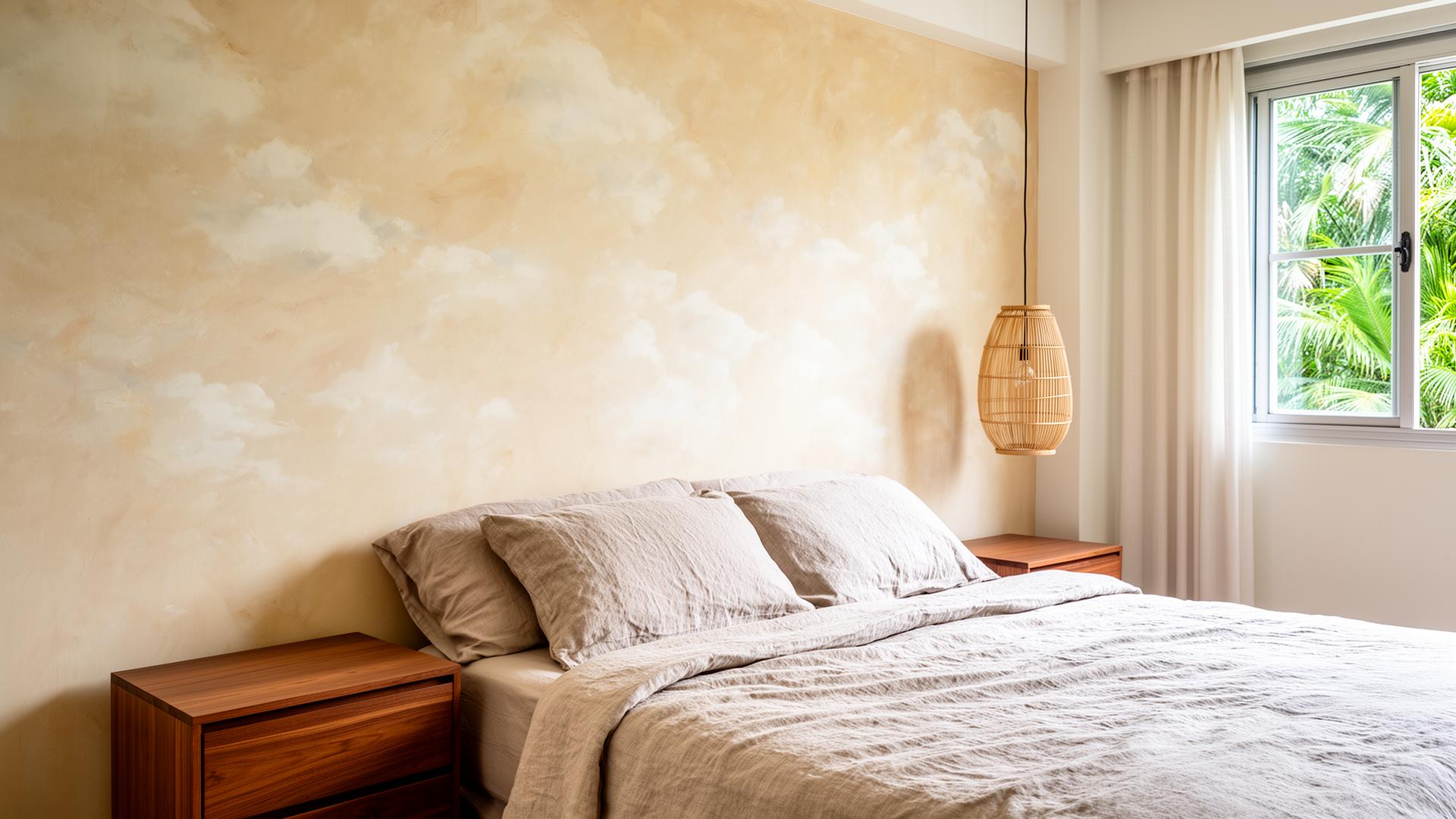 Singapore HDB master bedroom with warm cream limewash feature wall, linen bedding, walnut nightstand and rattan pendant lamp