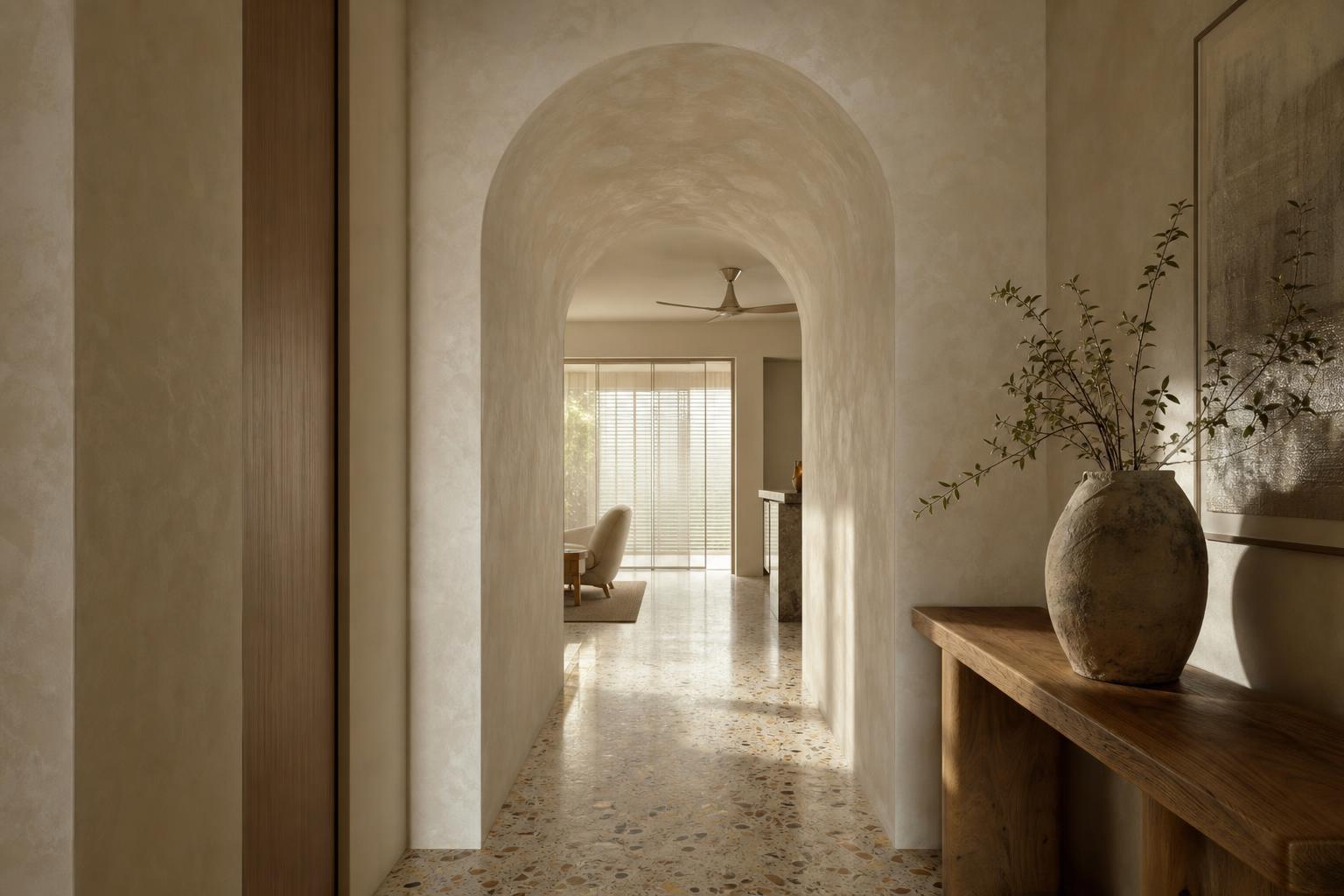 Singapore condo corridor with arched doorway finished in continuous warm cream limewash