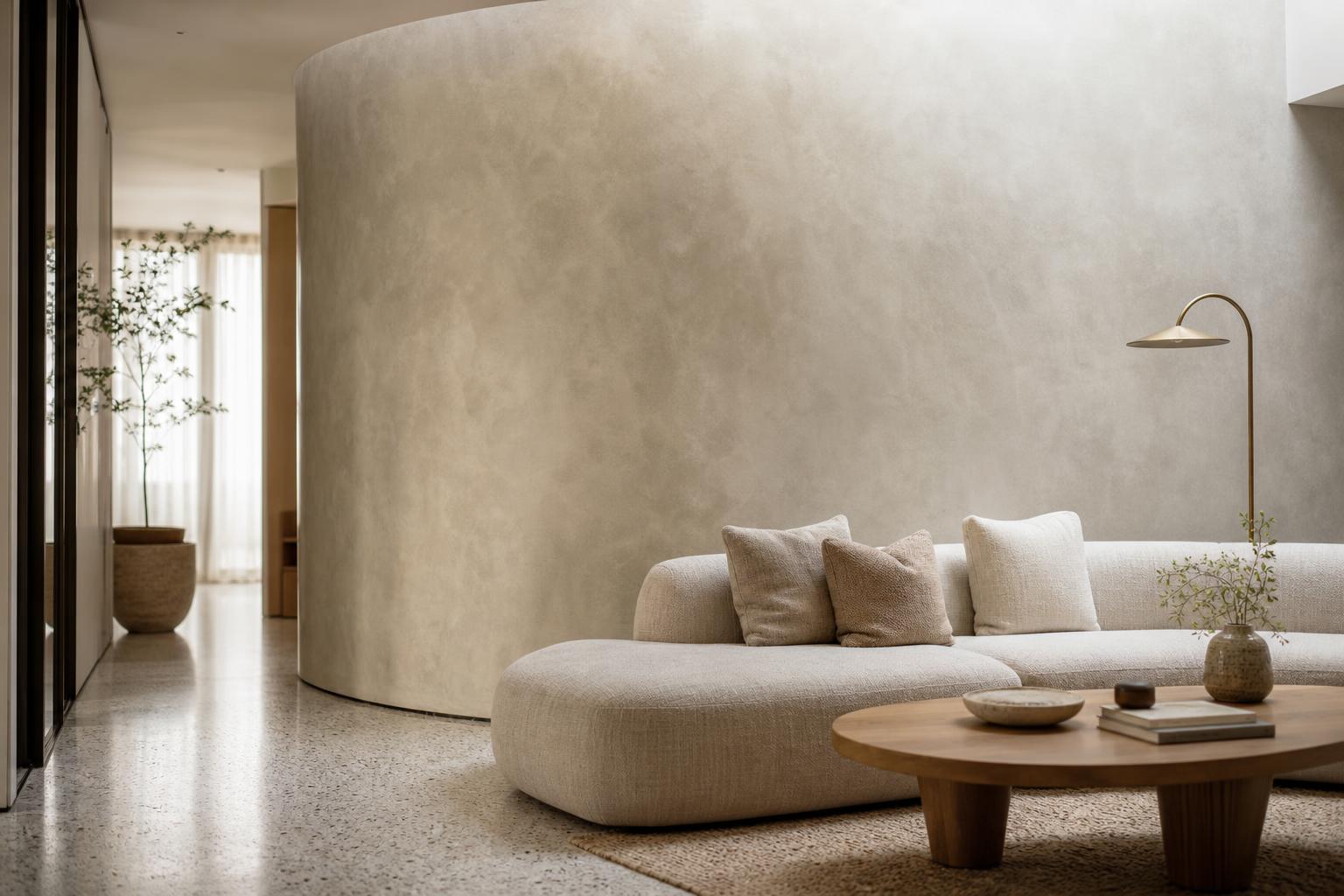 Singapore condo living room with a sculptural curved limewash wall in soft clay, low boucle sofa and oak coffee table