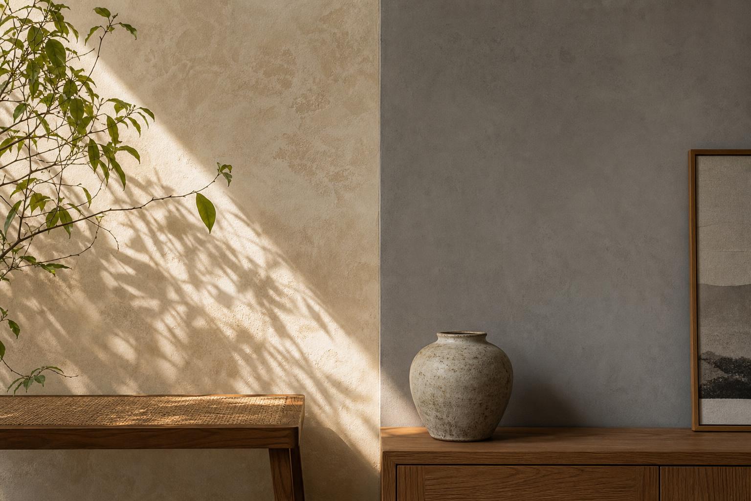 Detail of a Singapore living room corner where warm cream limewash meets grey microcement on the adjacent wall