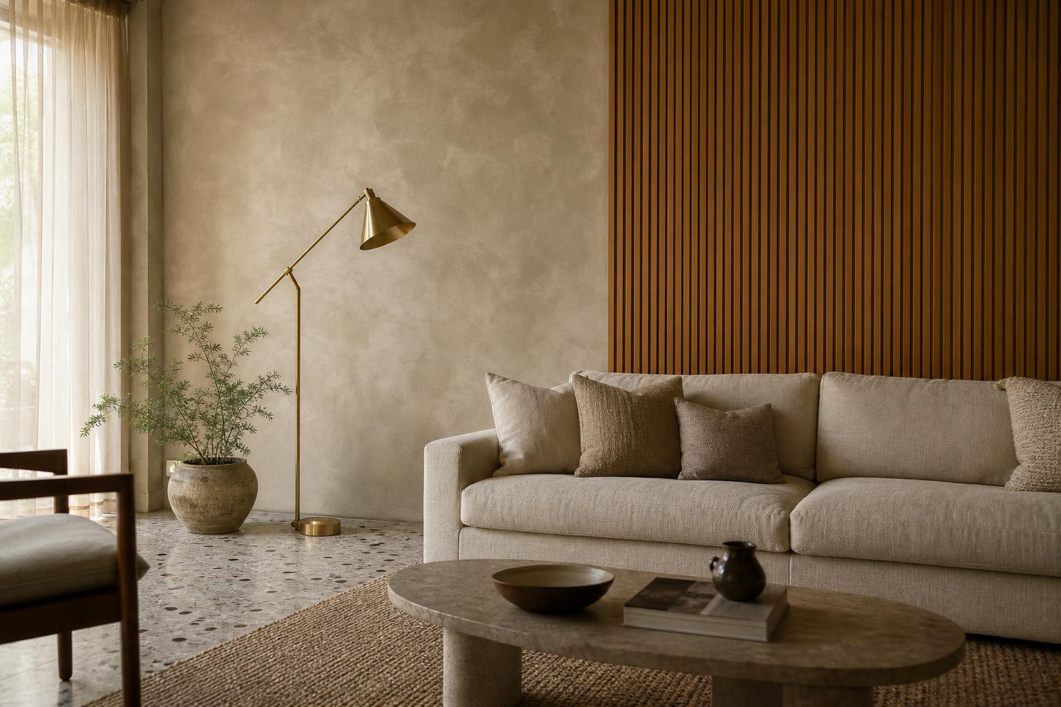 Singapore living room with greige limewash wall and adjacent vertical reeded oak wood panelling