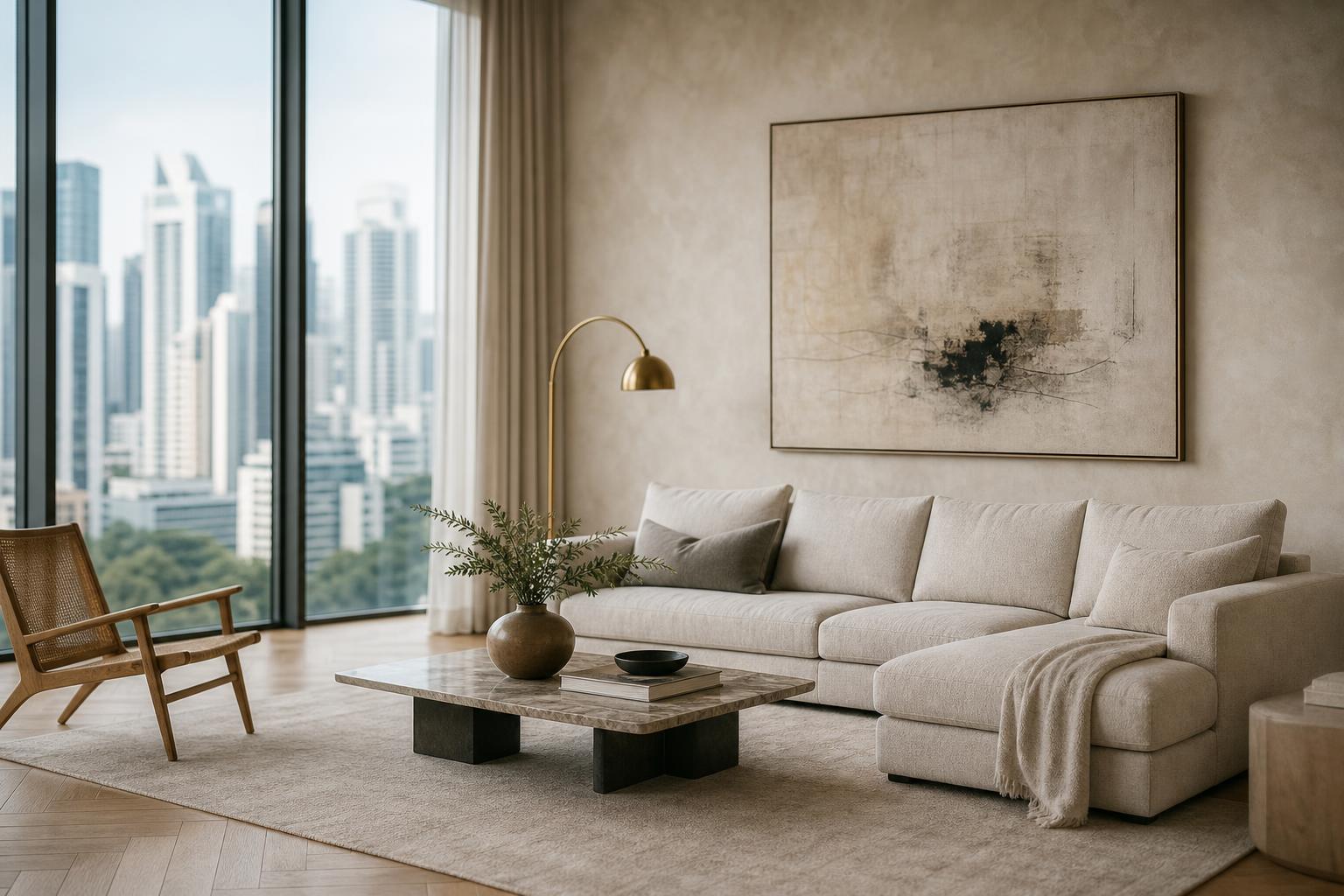 Singapore condo living room with soft cream limewash feature wall, floor-to-ceiling windows and city skyline view