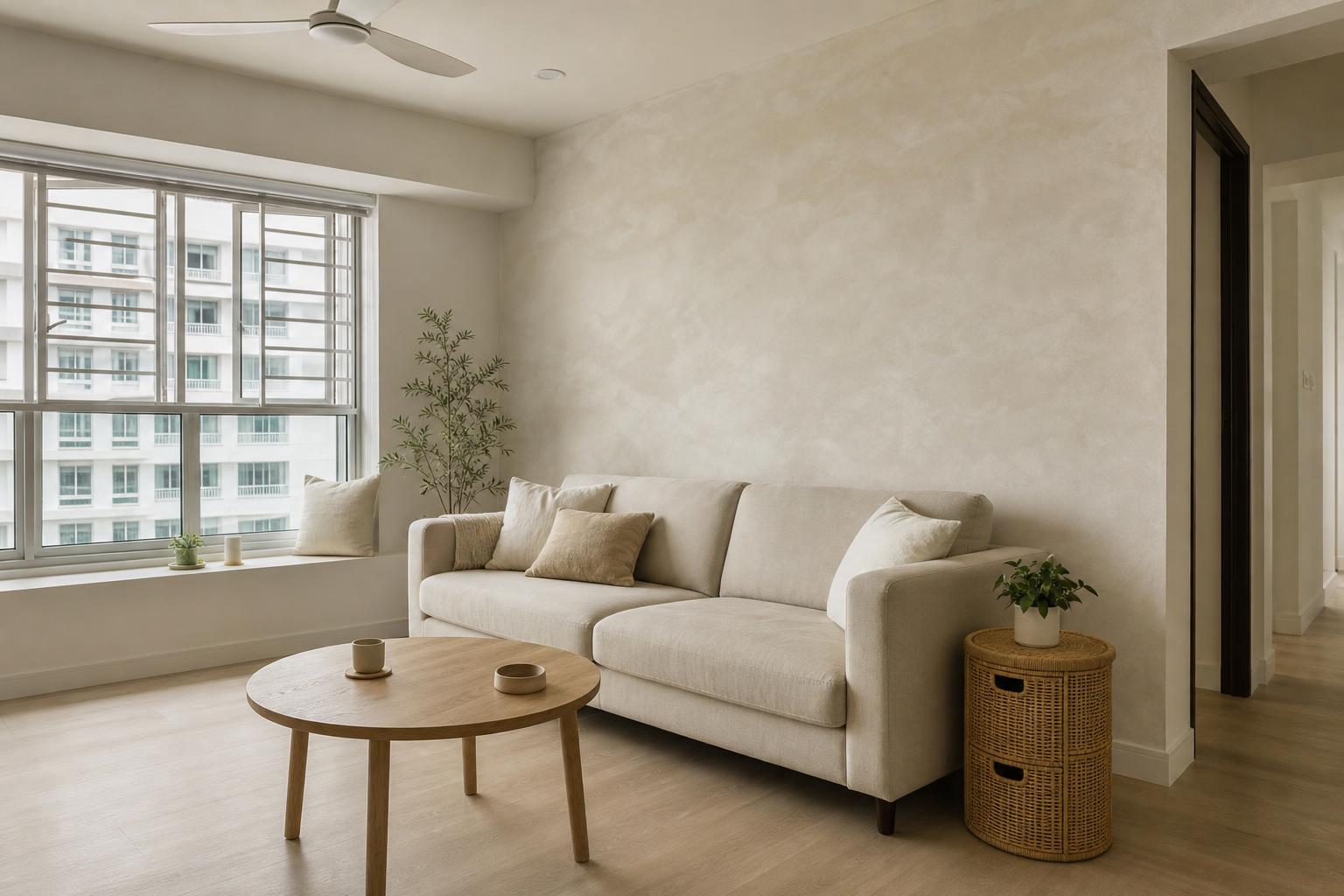 Singapore HDB BTO living room with warm off-white limewash feature wall, BTO bay window grilles and vinyl floor