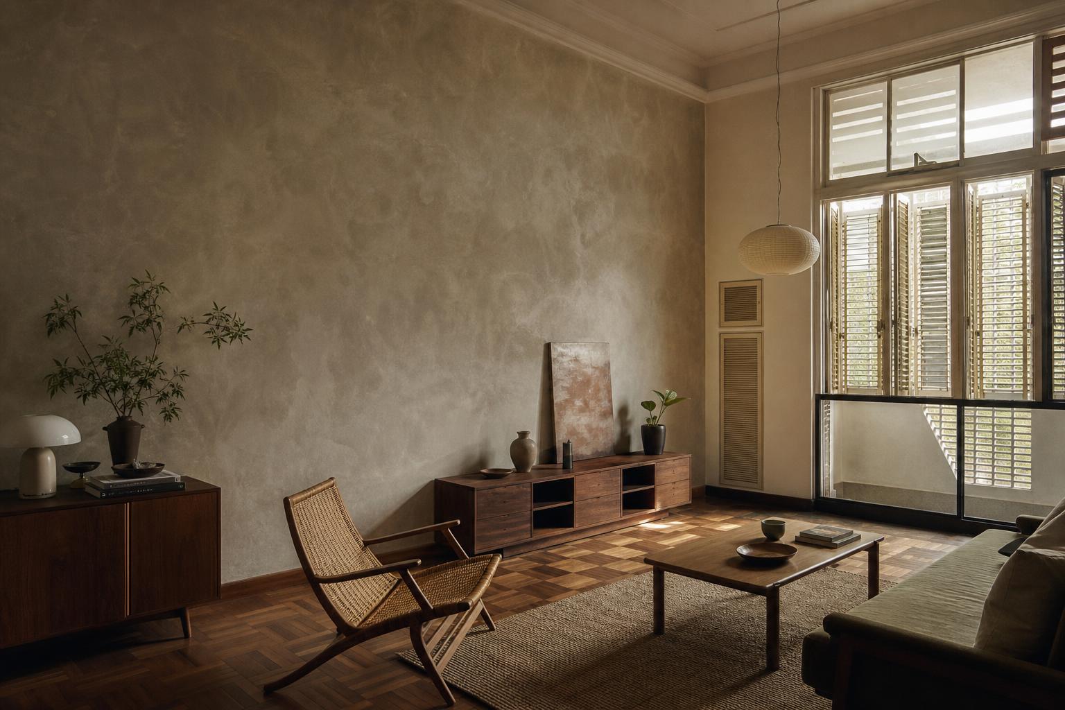 Singapore resale HDB maisonette living room with greige limewash feature wall, high ceiling, parquet floor and louvered shutters