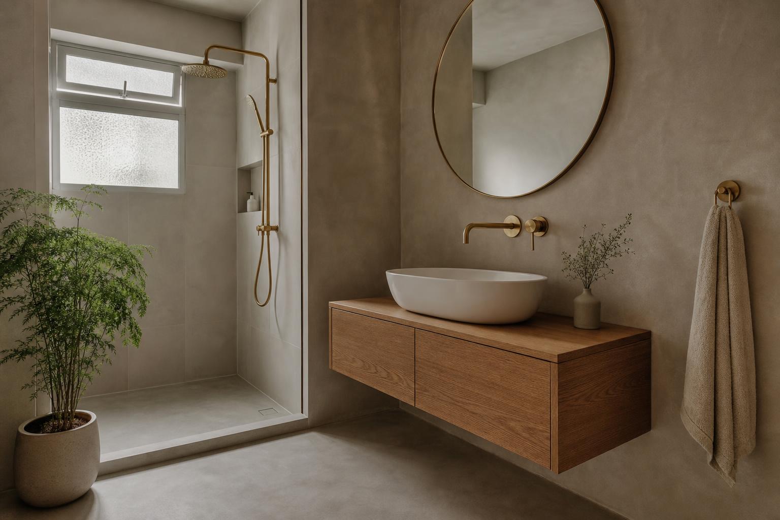 Singapore HDB bathroom with greige limewash on dry-zone wall, floating oak vanity and brass tapware