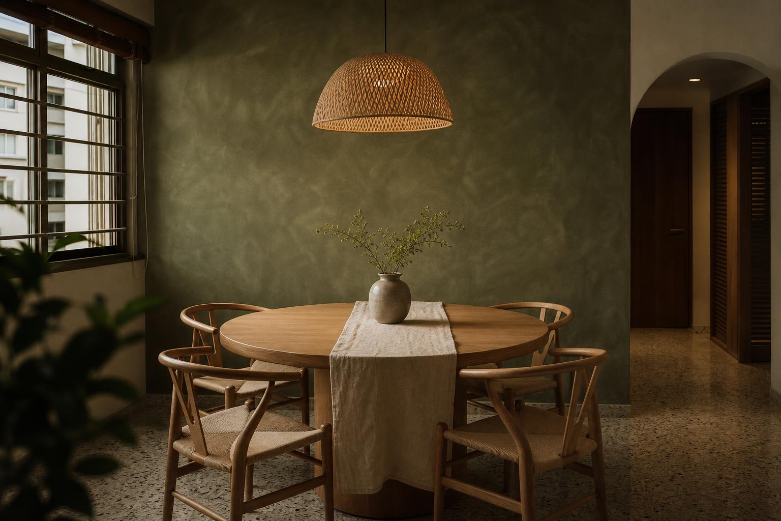Singapore HDB dining nook with deep olive limewash feature wall, oak wishbone chairs and rattan pendant