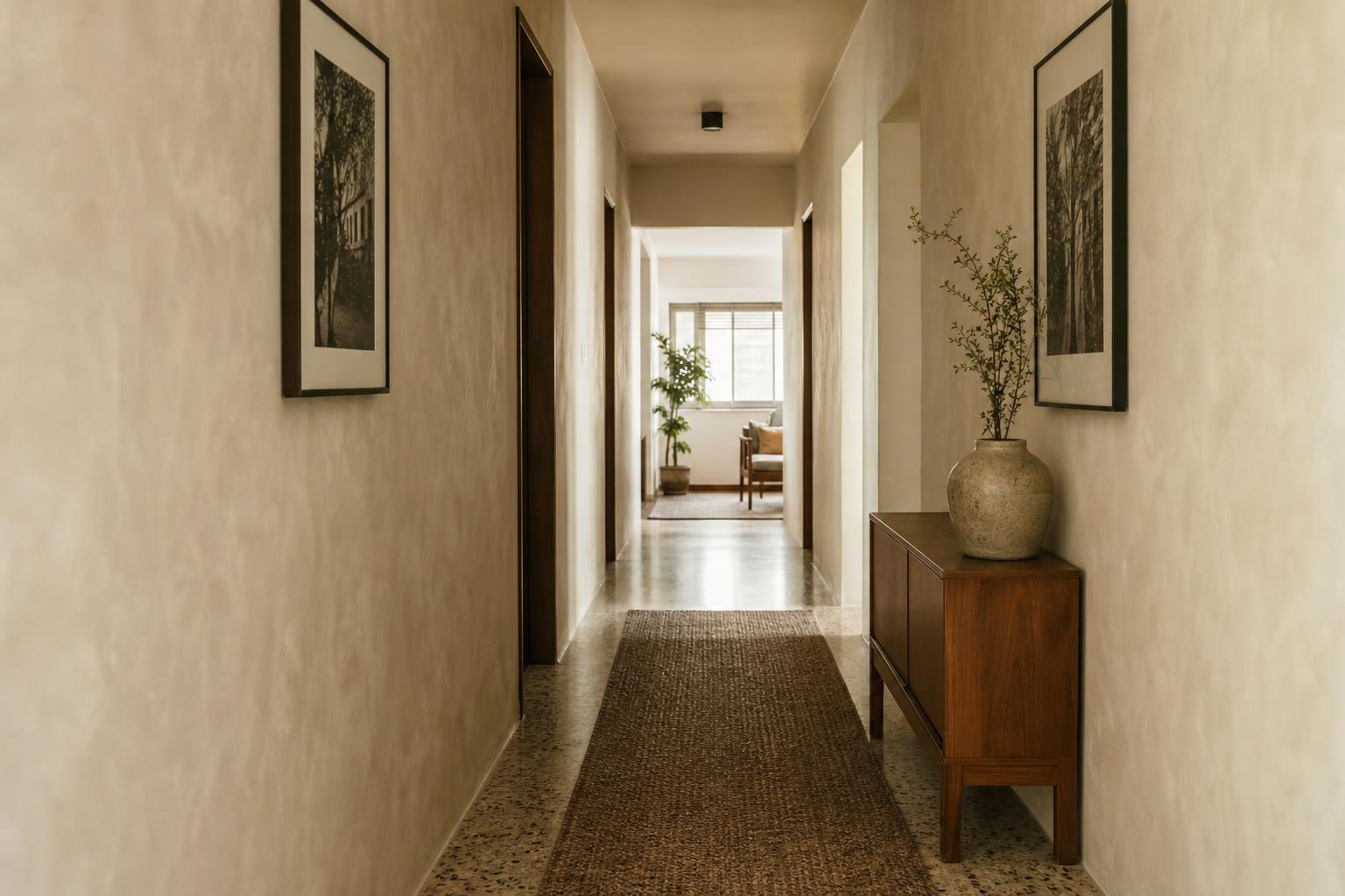 Singapore HDB hallway with warm off-white limewash on both walls and framed monochrome photography