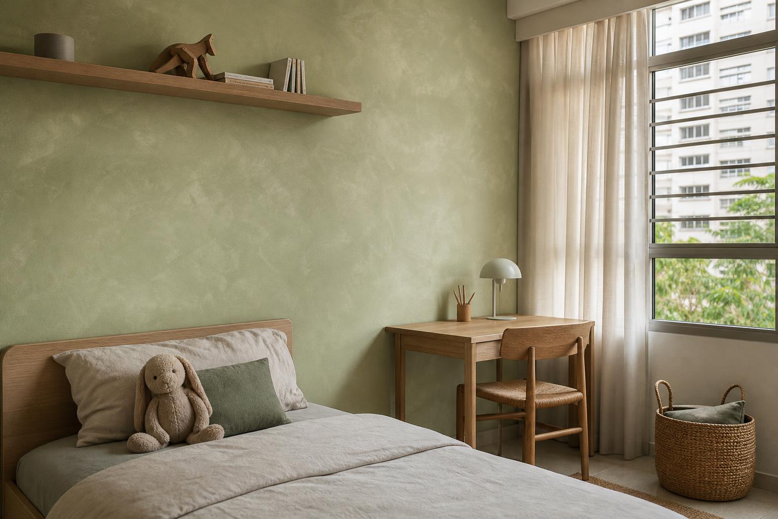 Singapore HDB kids bedroom with pale sage limewash feature wall, single oak bed and small desk