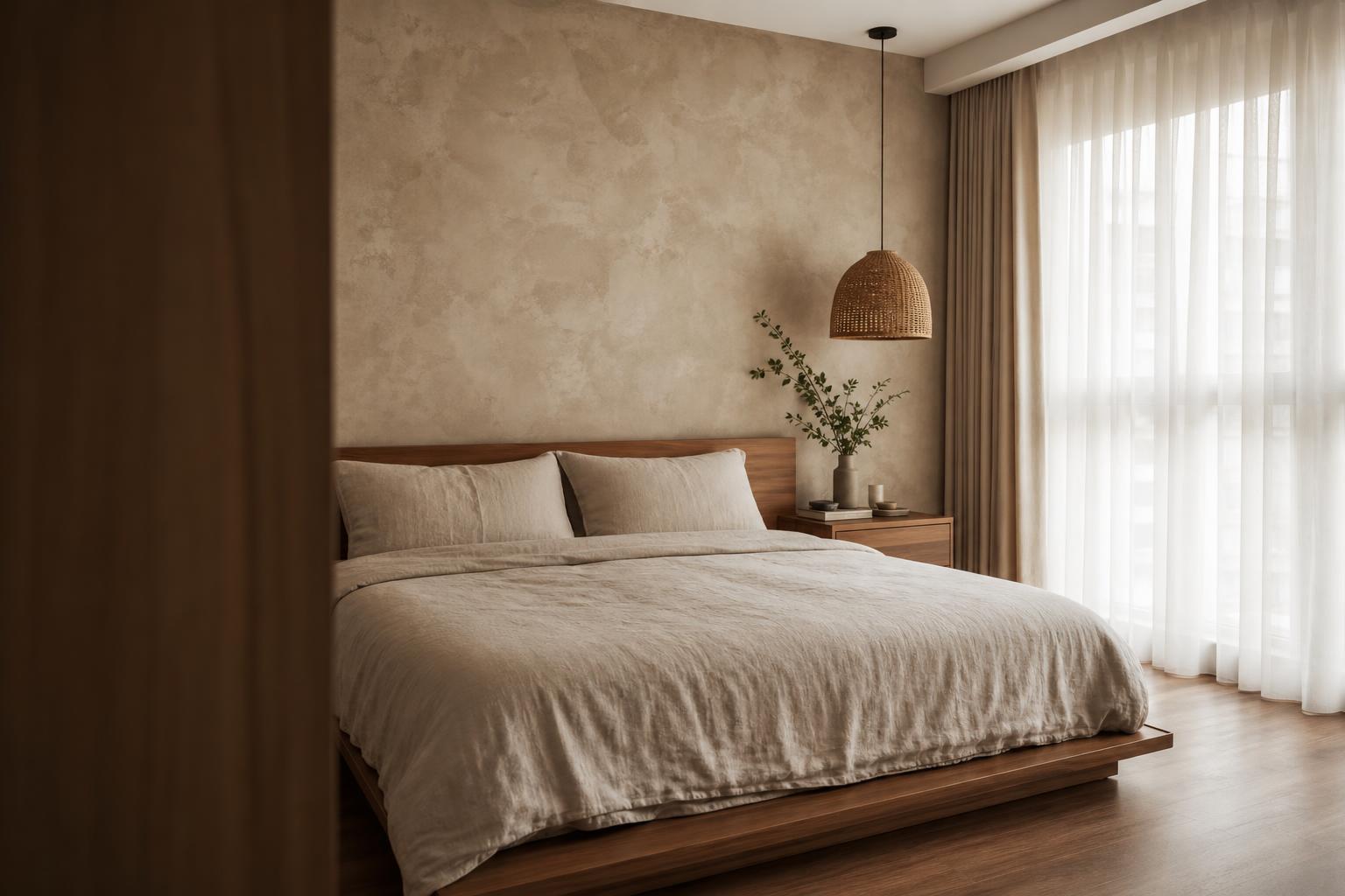 Singapore HDB master bedroom with warm cream limewash headboard feature wall and walnut platform bed
