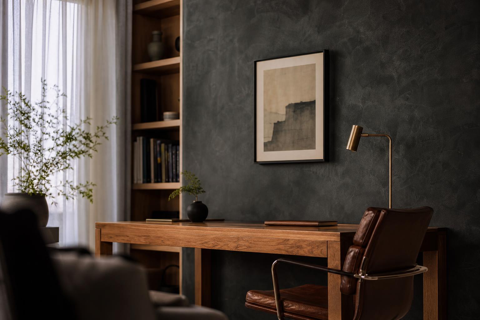 Singapore HDB home office with charcoal limewash feature wall, oak desk, leather chair and brass desk lamp