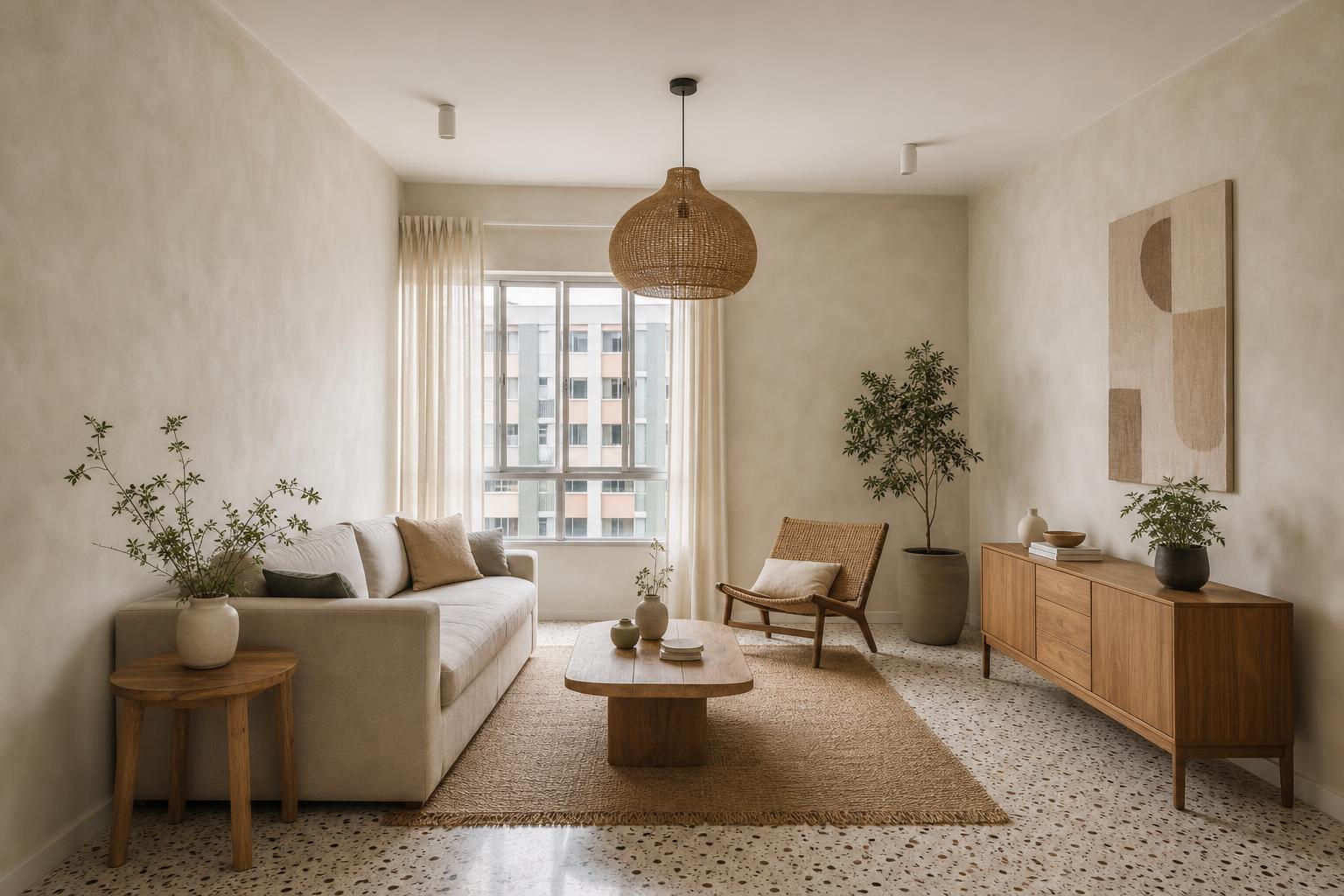 Singapore HDB living room with all four walls finished in warm off-white limewash, plain white ceiling