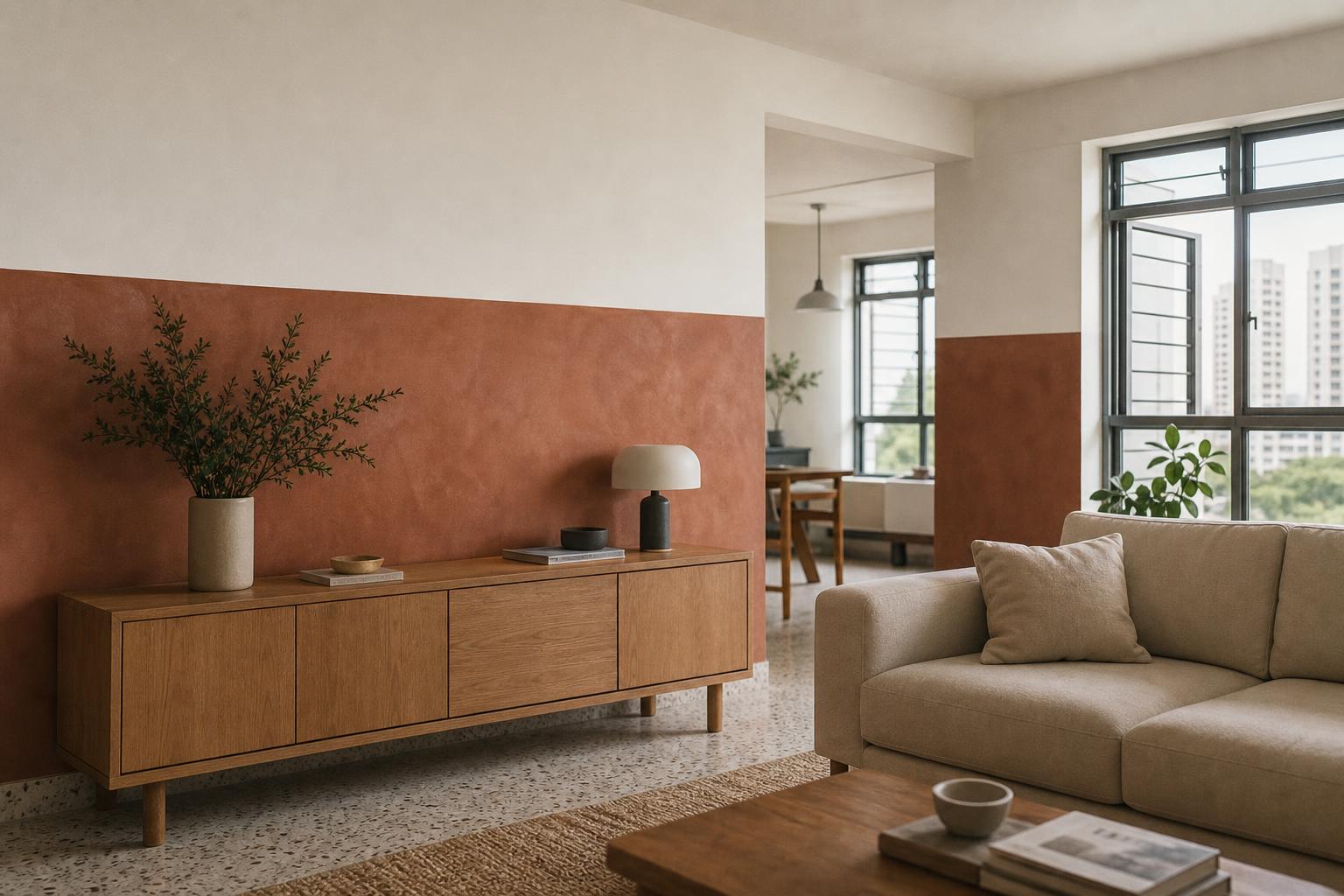 Singapore HDB living room with a clay limewash half-wall wainscot, plain white above