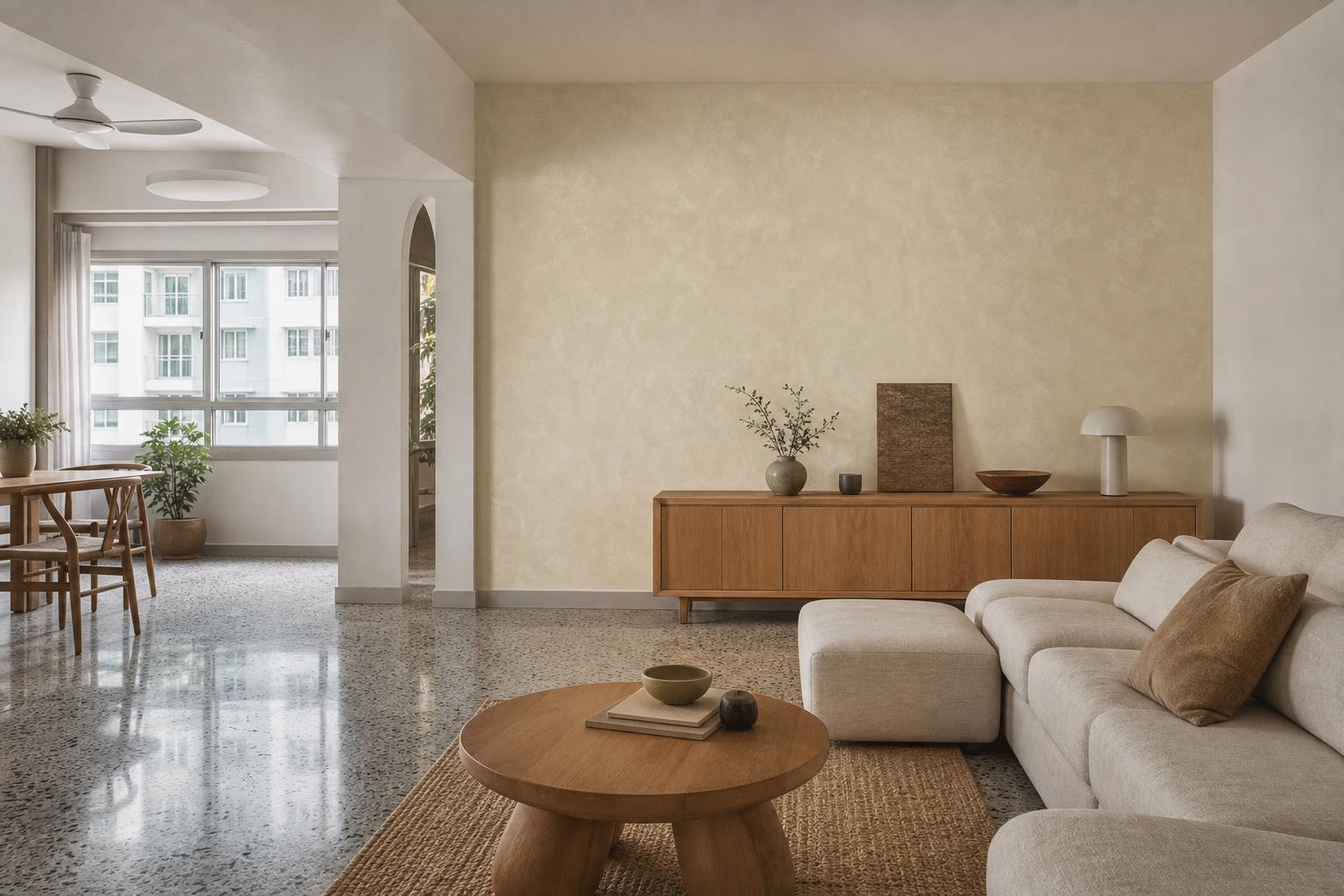 Singapore HDB living room with one limewash feature wall behind a sideboard, other walls plain white
