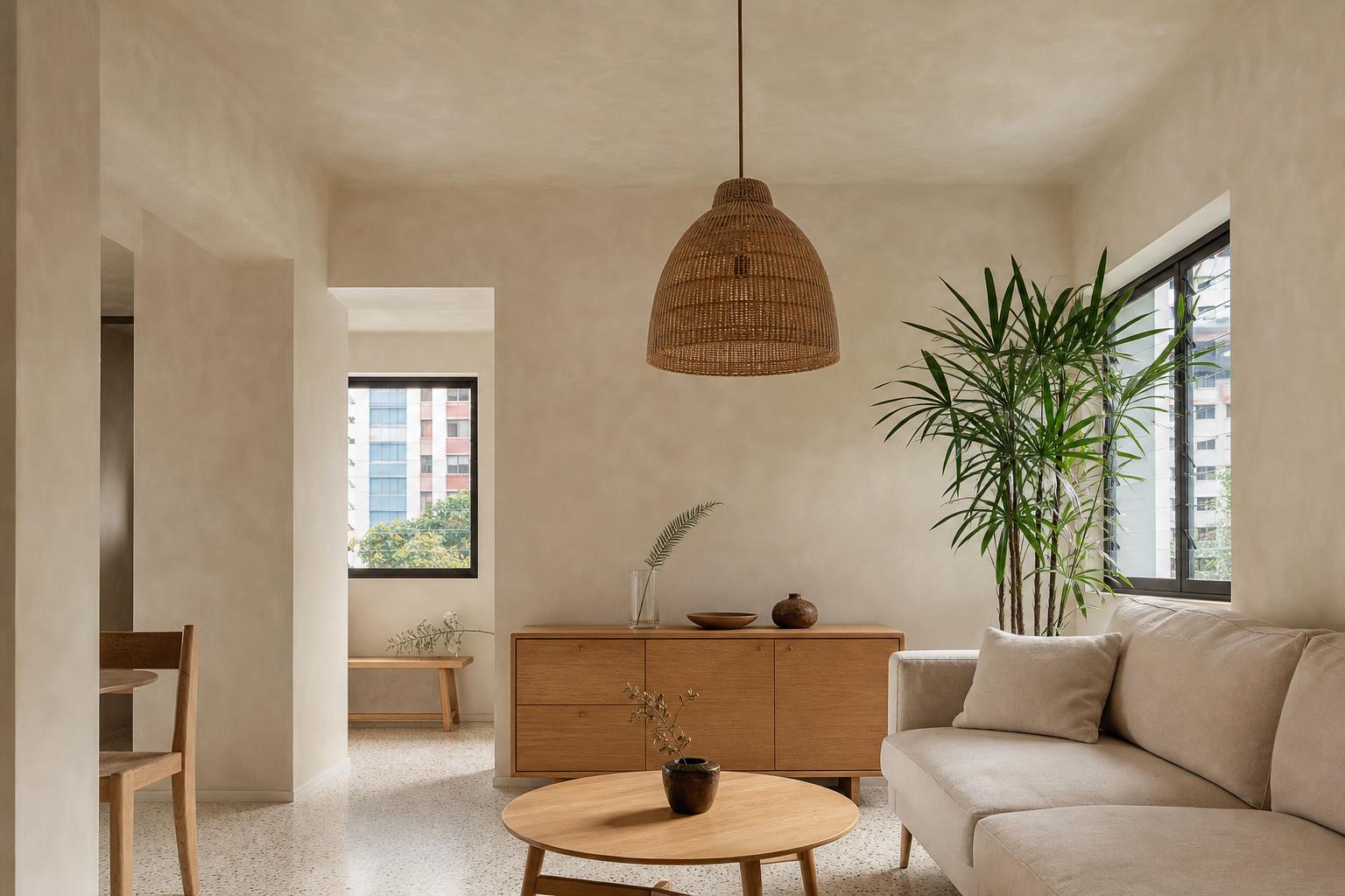 Singapore HDB living room with walls and ceiling finished in limewash creating a cocoon effect