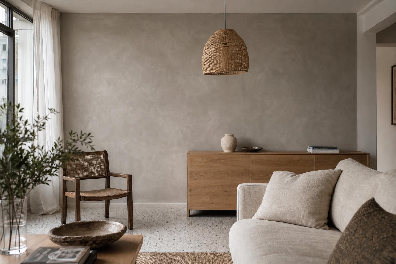 Cool greige limewash feature wall in a Singapore living room with rattan pendant and oak credenza