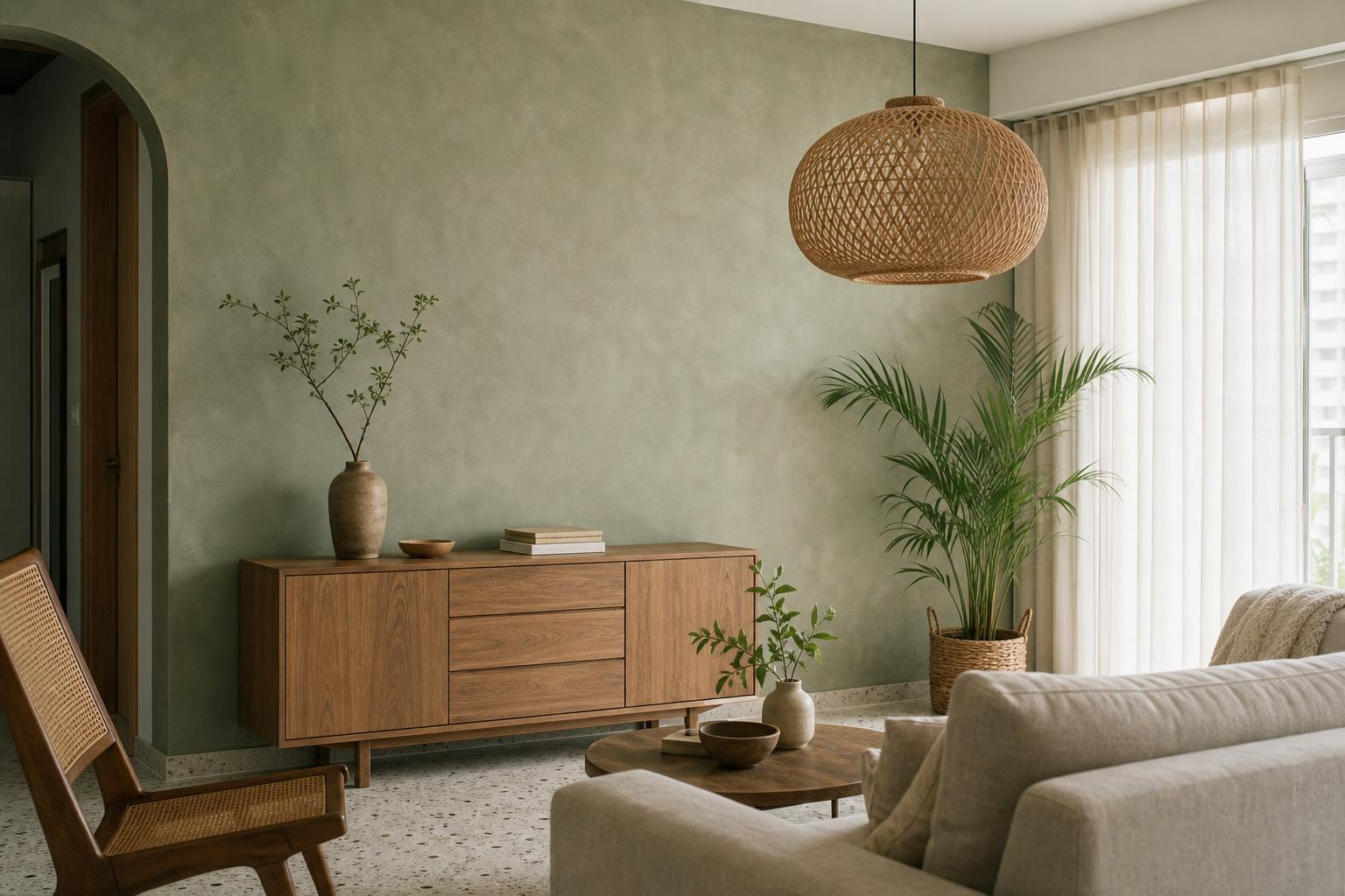 Soft sage green limewash feature wall in a Singapore living room with walnut credenza and palm plant