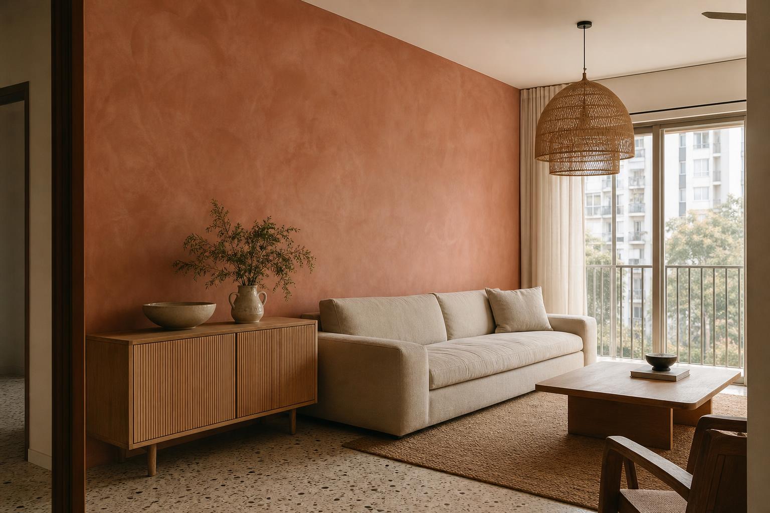 Terracotta clay limewash feature wall in a Singapore living room with linen sofa and reeded oak console