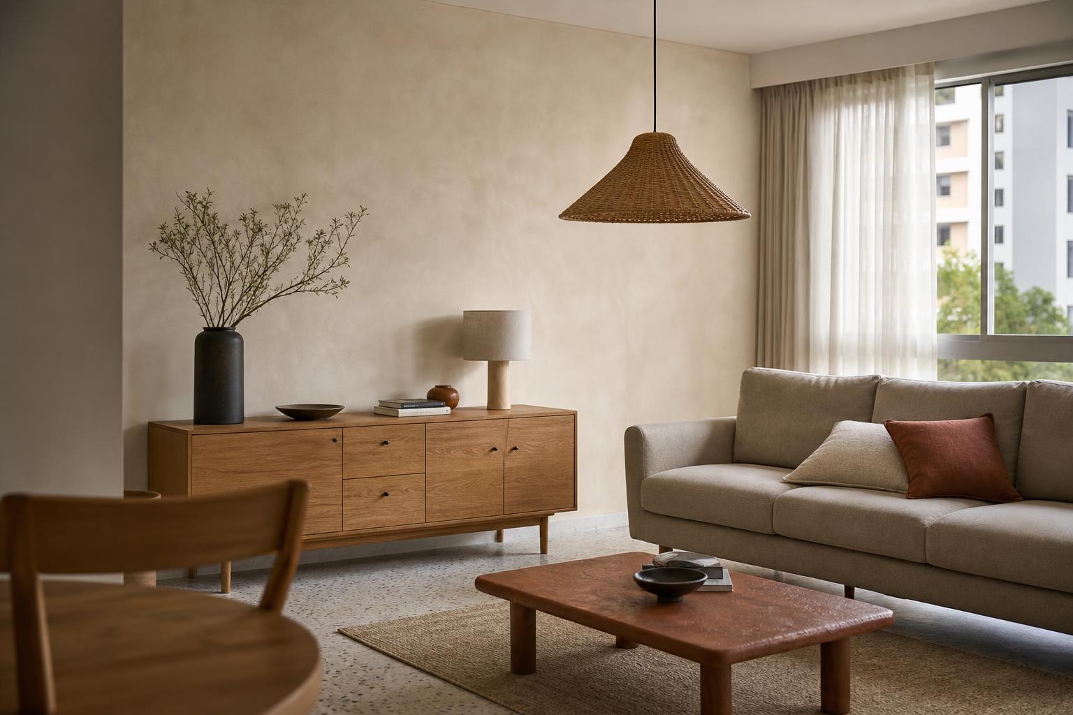 Warm off-white limewash feature wall in a Singapore HDB living room with oak sideboard and rattan pendant
