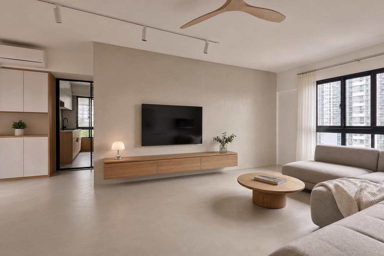 HDB BTO living room in microcement plaster walls and microcement-look SPC vinyl flooring by Pico X Health