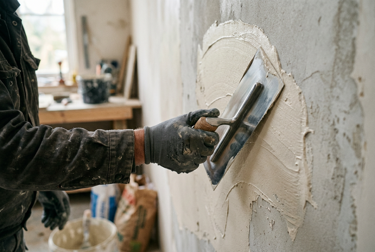 Installer hand-trowelling microcement plaster on a Singapore feature wall — Pico X Health