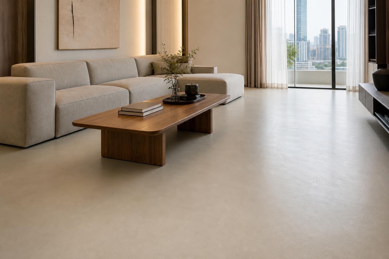 Microcement-look SPC vinyl plank flooring in Milky Cream tones installed across HDB living room by Pico X Health