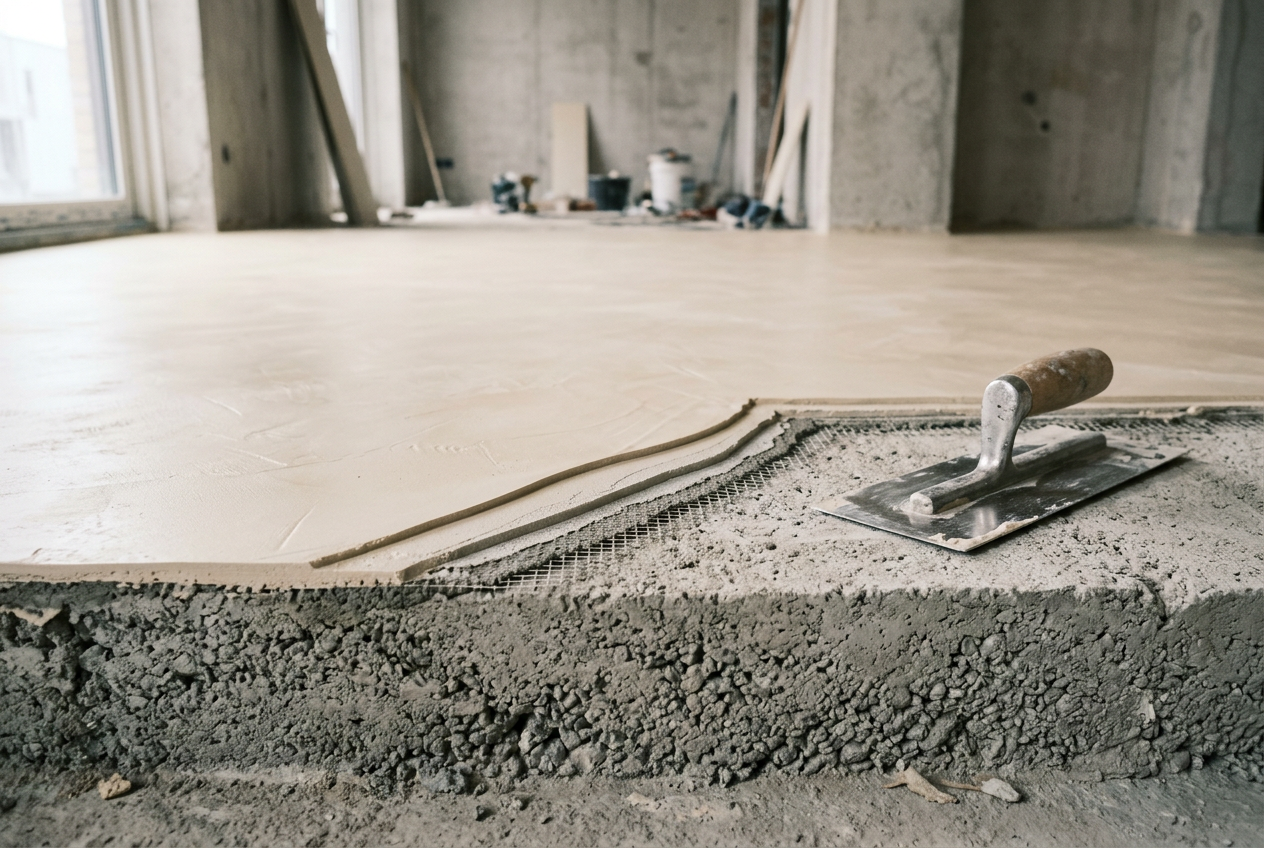 Microcement plaster finish layered over cement screed substrate — Pico X Health