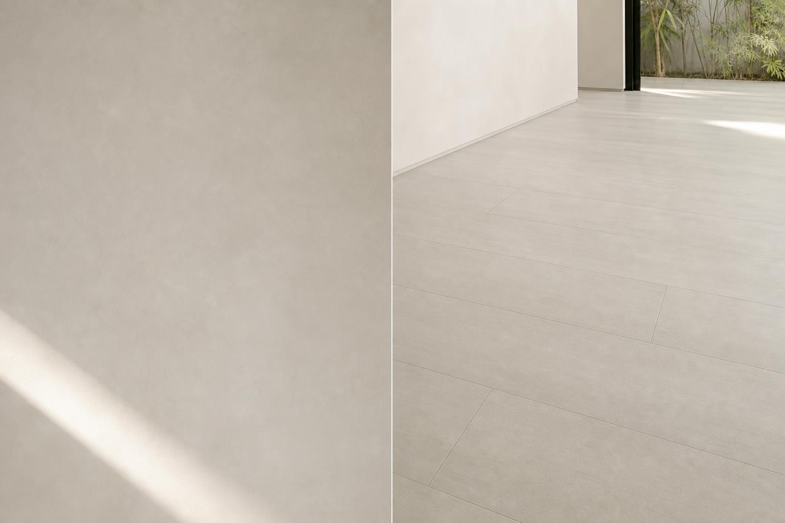 Side-by-side comparison of microcement plaster wall and SPC microcement-vinyl flooring in Singapore — Pico X Health