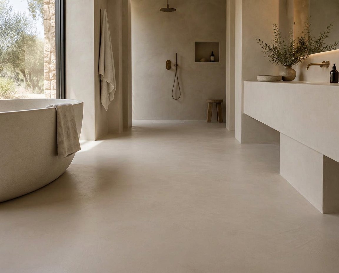 Warm stone microcement bathroom floor flowing continuously into a wet area
