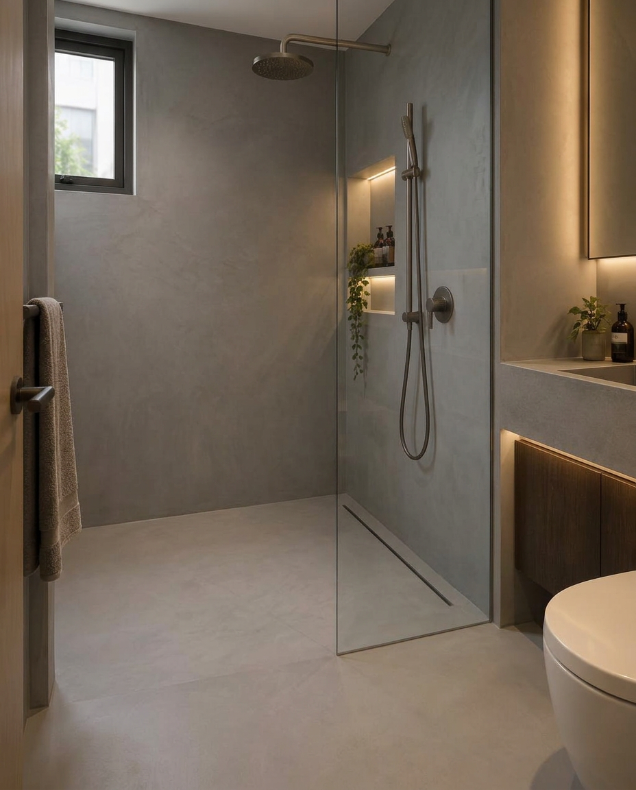 Continuous grey microcement walls and floor in a compact Singapore shower and toilet