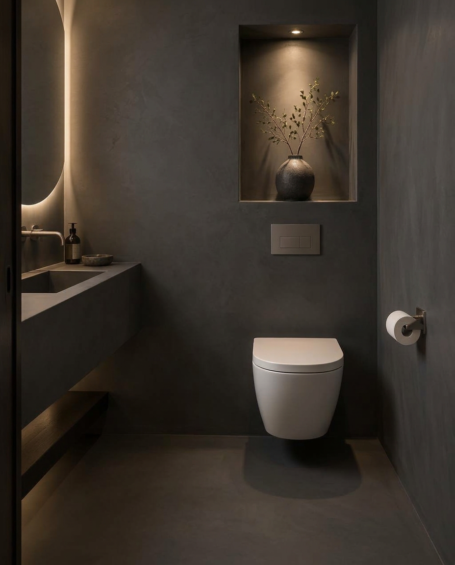 Wall-hung toilet framed by smooth charcoal microcement walls and floor