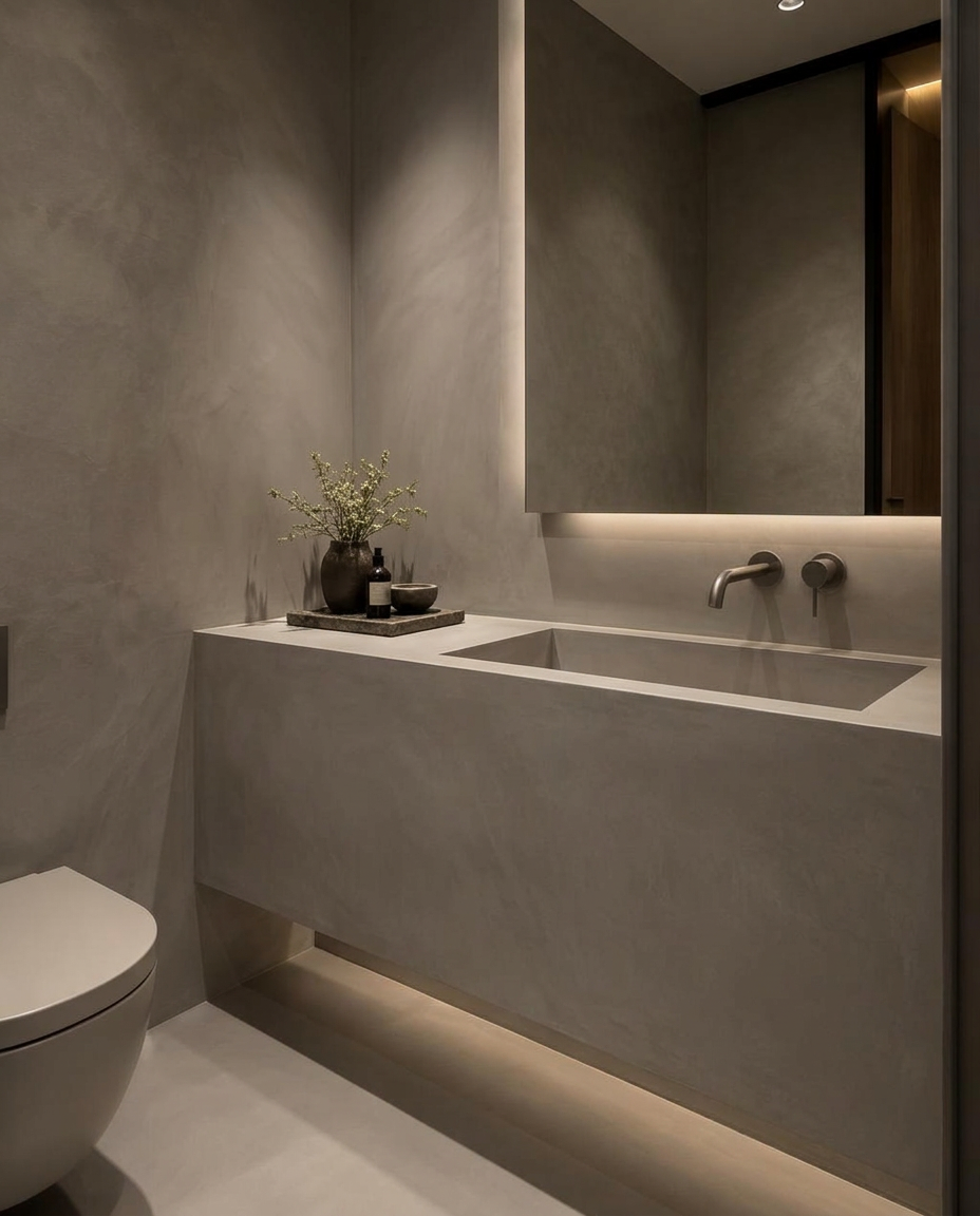 Smooth warm grey microcement vanity and walls in a compact Singapore powder room