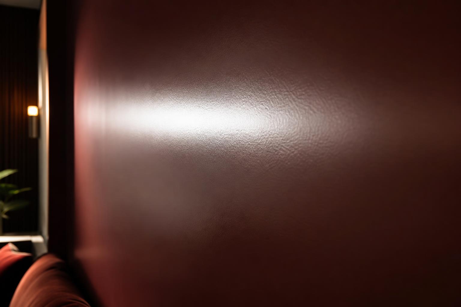 PXA oxblood satin feature wall close-up — luminous highlight band under raking sconce light