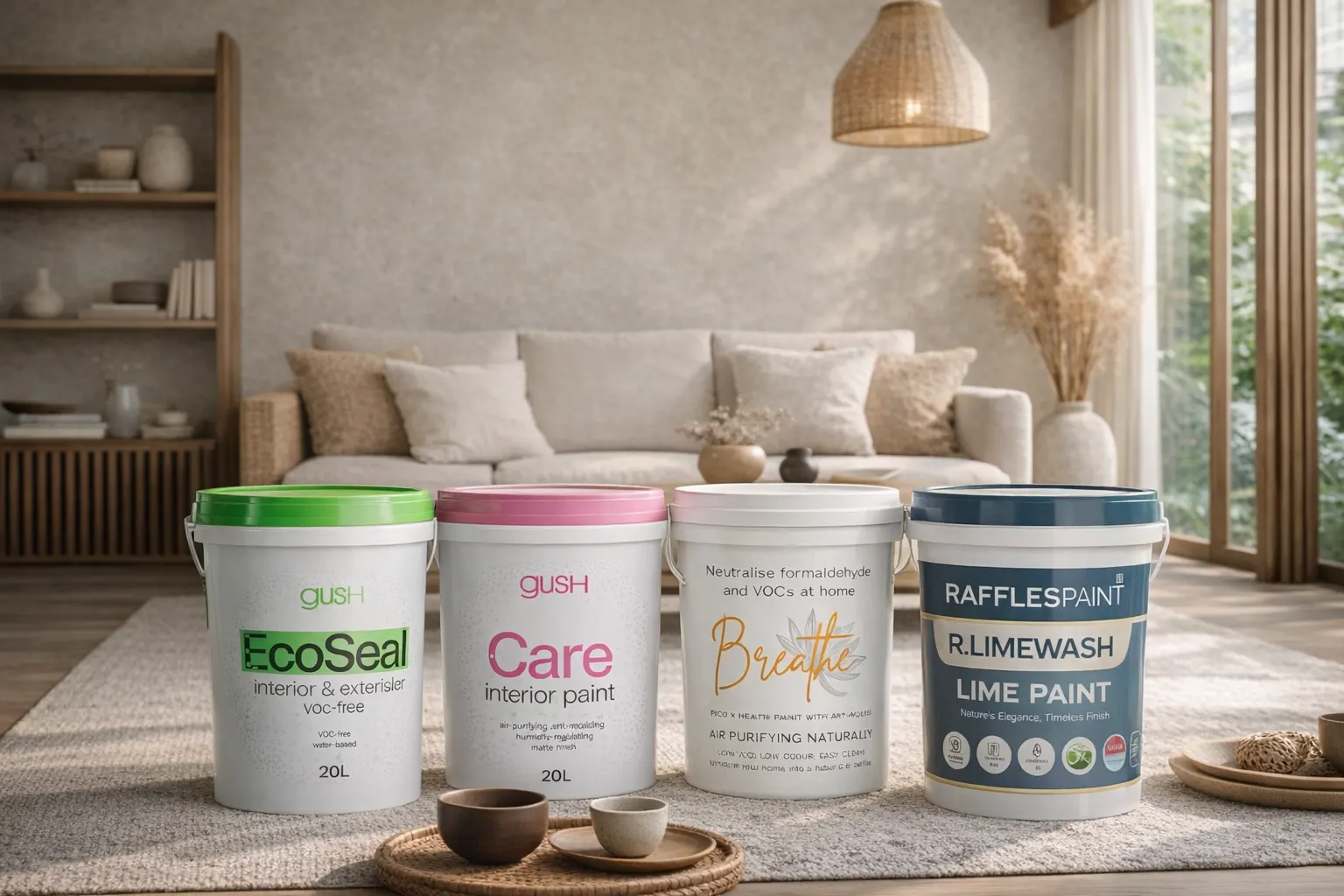 Top Selling Package paint products by Pico X Health Singapore - Gush EcoSeal, Gush Care, Breathe Air Purifying, and Raffles R.Limewash