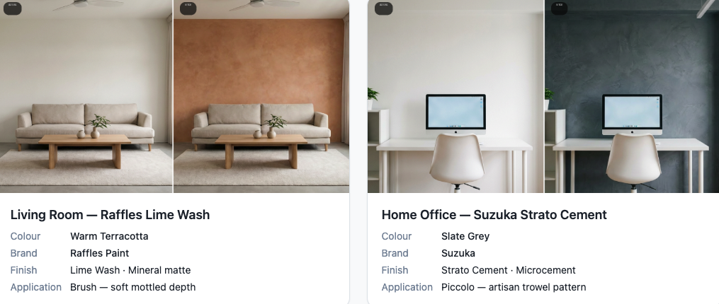 Raffles Paint Lime Wash terracotta wall and Suzuka Strato Cement slate grey wall texture comparison by Pico X Health Painting AI Visualizer