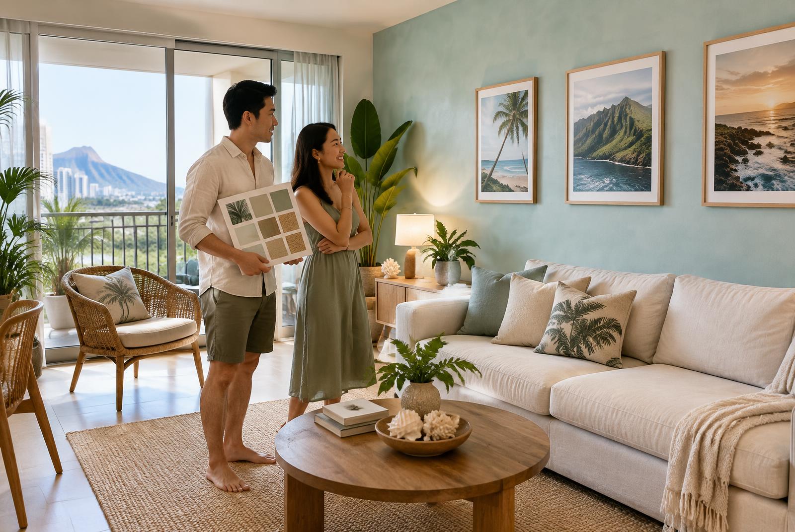 Couple reviewing a Hawaiian Modern mood board inside a Singapore home with a subtle Raffles limewash feature wall