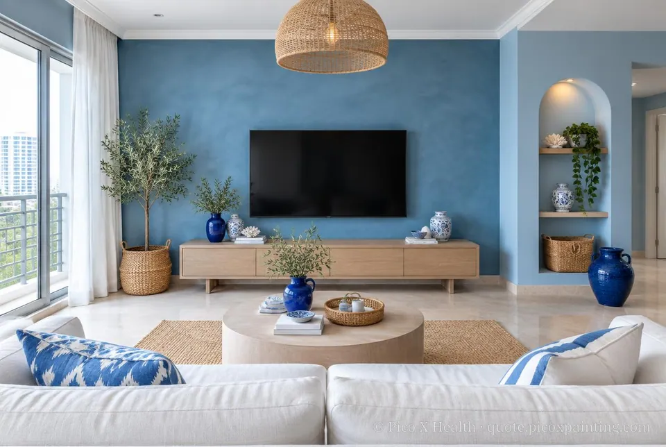 Aegean Coast Rich / Statement living room — Gush Core/Care Faye's Theme (BL030B) walls with a Raffles Indigo Lagoon limewash feature wall and Aegean Coast furnishings