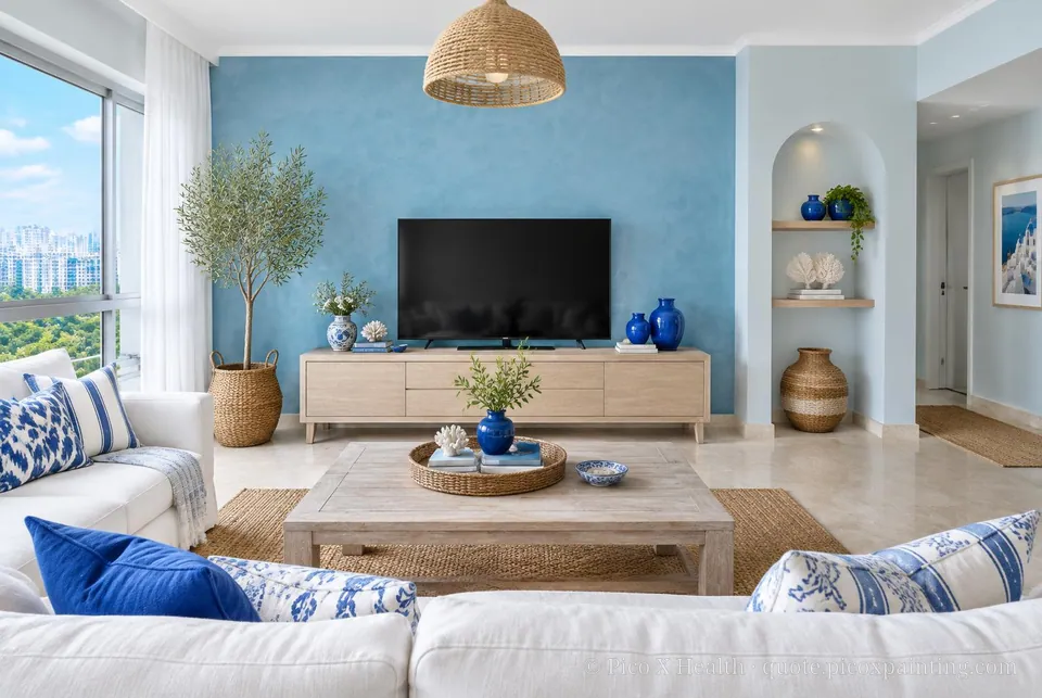 Aegean Coast Soft / Airy living room — Gush Core/Care Solstice (BL025A) walls with a Raffles Azure Sky limewash feature wall and Aegean Coast furnishings