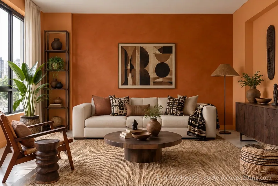 African Modern Rich / Statement living room — Gush Core/Care Daytona (OR003B) walls with a Raffles Burnt Amber limewash feature wall and African Modern furnishings