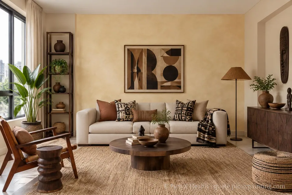 African Modern Soft / Airy living room — Gush Core/Care Retriever (NE014B) walls with a Raffles Sugar Terra limewash feature wall and African Modern furnishings